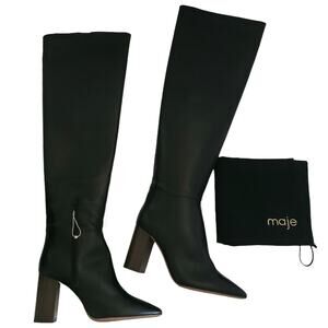 MAJE Fauve leather pointed pointy toe thigh over the knee black boots 40 9 NEW